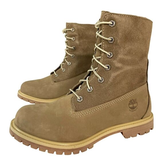 New Timberland Waterproof Taupe Suede Fold Down Teddy Fleece Boots Size 7 - Picture 5 of 10